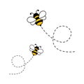 Bees flying on dotted route. Cute bumblebee characters
